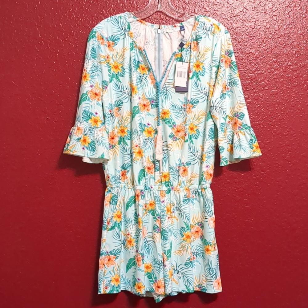 CABANA LIFE Floral/Cayman-Ruffle 3/4 Sleeves-Pockets-Tassels V Neck- UPF50+ - Picture 2 of 12